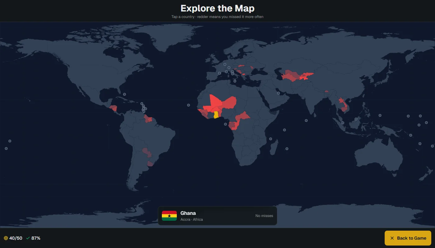 The explore view: a dark world map where West Africa, Central Asia, the Balkans and parts of Central America are tinted red, Ghana is highlighted in yellow, and a card at the bottom shows Ghana's flag, Accra, Africa and 'No misses'.