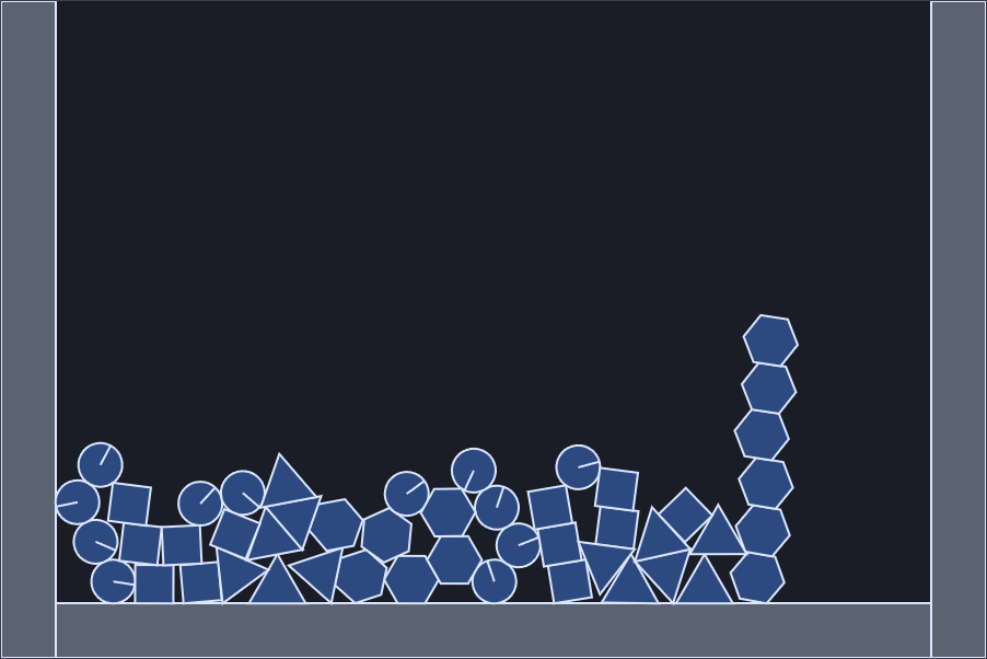 A pile of circles, boxes, triangles and hexagons in a walled container, with red contact points and normals.