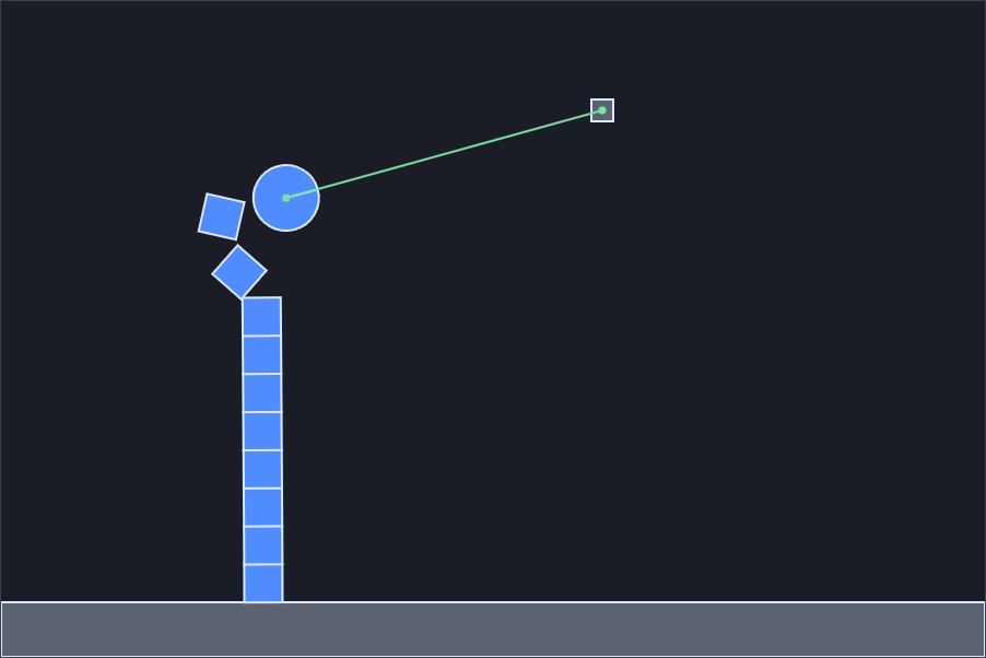 The same tower in bright blue after the ball hit it, with two boxes knocked off the top.