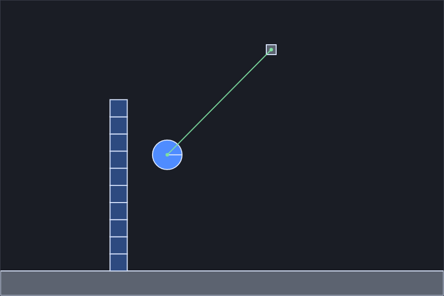 A ten-box tower in dark blue with a wrecking ball on a rope swinging toward it.