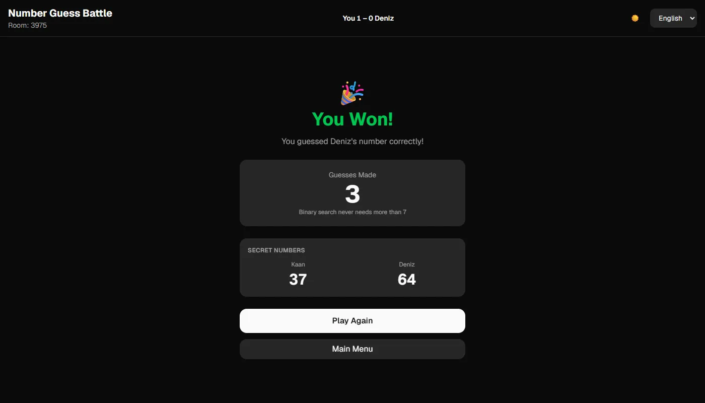 The end screen: You Won!, guesses made 3, a line reading 'Binary search never needs more than 7', both secret numbers 37 and 64 revealed, and the header score You 1 – 0 Deniz.