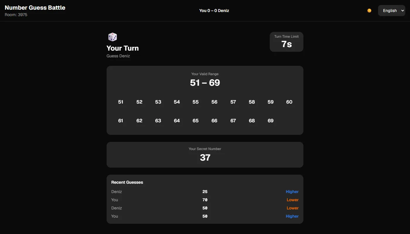 Number Guess Battle mid-game: it's your turn with 7 seconds left, the valid range has narrowed to 51 to 69, your secret number 37 is shown, and the recent guesses list reads 50 higher, 50 lower, 70 lower, 25 higher.