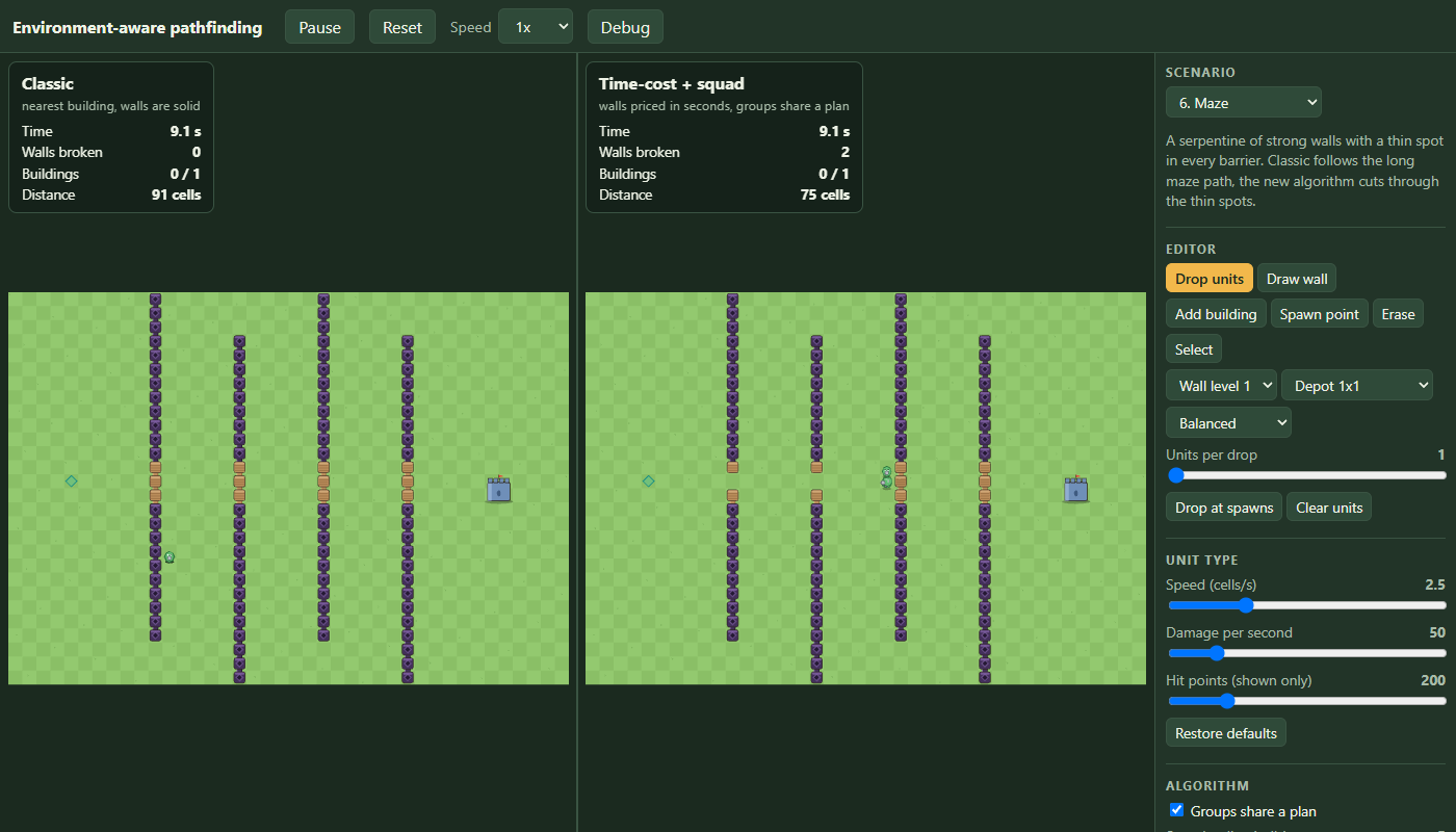 The maze map in two panels: four vertical barriers of purple walls with a few thin brown pieces in the middle. In the right panel the units already broke through the first barrier; in the left panel one unit is walking around the barriers.