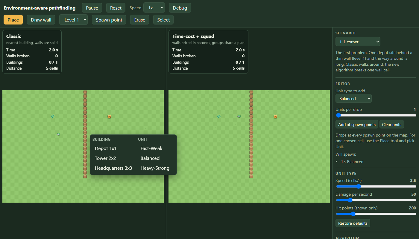 The demo with a small popup menu open over the map: three columns, Wall with levels 1 to 5, Building with Depot, Tower and Headquarters, Unit with the three troop types, and a Draw wall tool with a level selector still in the toolbar above it.