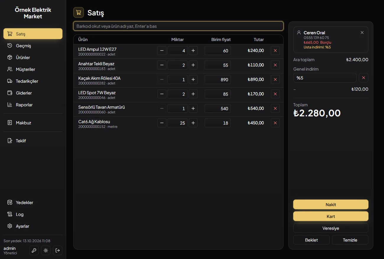 Raflıyo sales screen in the dark theme: a basket of six electrical products with quantities and prices, a customer card showing an open debt and a 5% trade discount, a total of 2,280 TL and buttons for cash, card and credit.