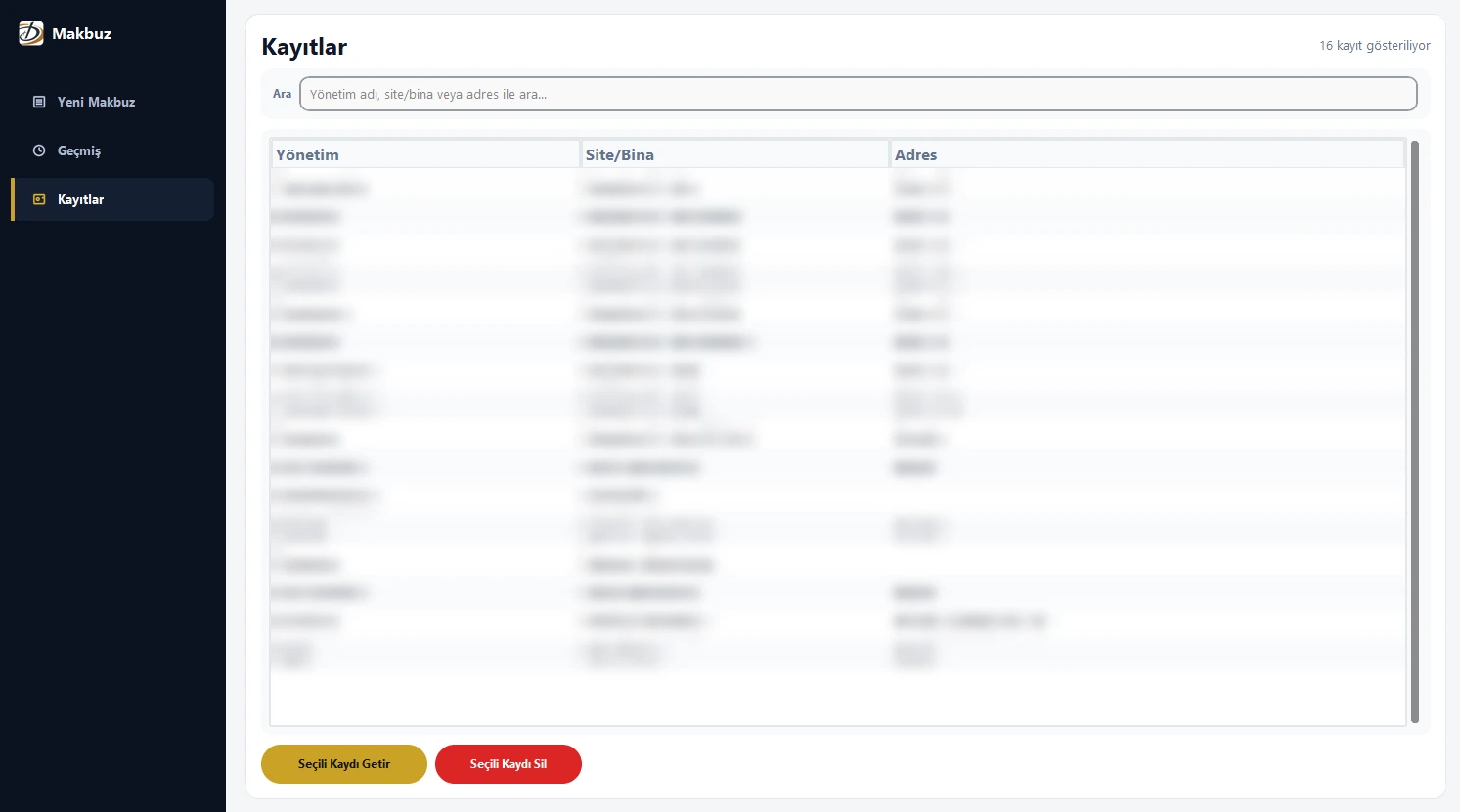 The saved customers screen: a search box and a table with every row blurred, and buttons to load or delete the selected record.