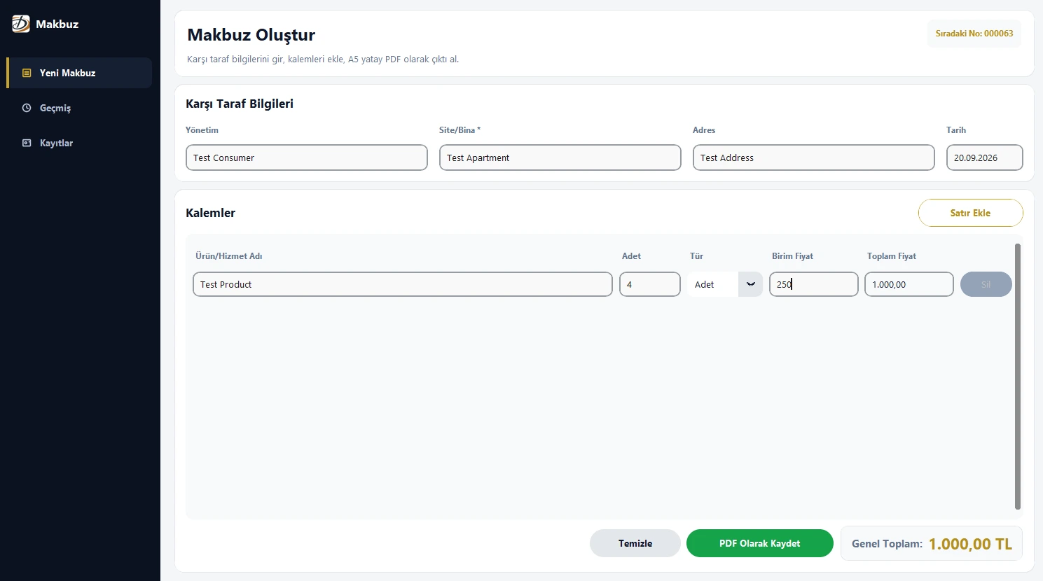 The new receipt screen in the receipt app: a navy sidebar, customer fields, one line item row with quantity, unit and price, a green Save as PDF button and a total of 1,000.00 TL.