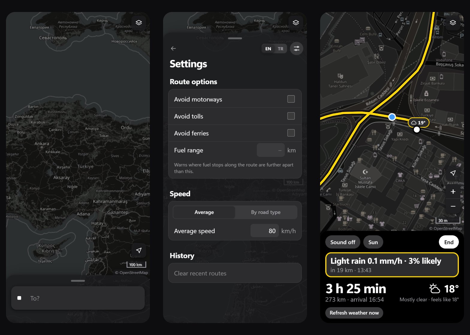 three phone screens of ridecast at night: the map of Turkey with only a destination field at the bottom; the settings page with route options, fuel range, speed and a clear recent routes button; and the ride screen, a close map of Kadıköy with the yellow route line, a blue position dot and a 30 metre scale bar above a card showing a light rain warning in 19 km, 3 h 25 min left, arrival 16:54 and 18 degrees.