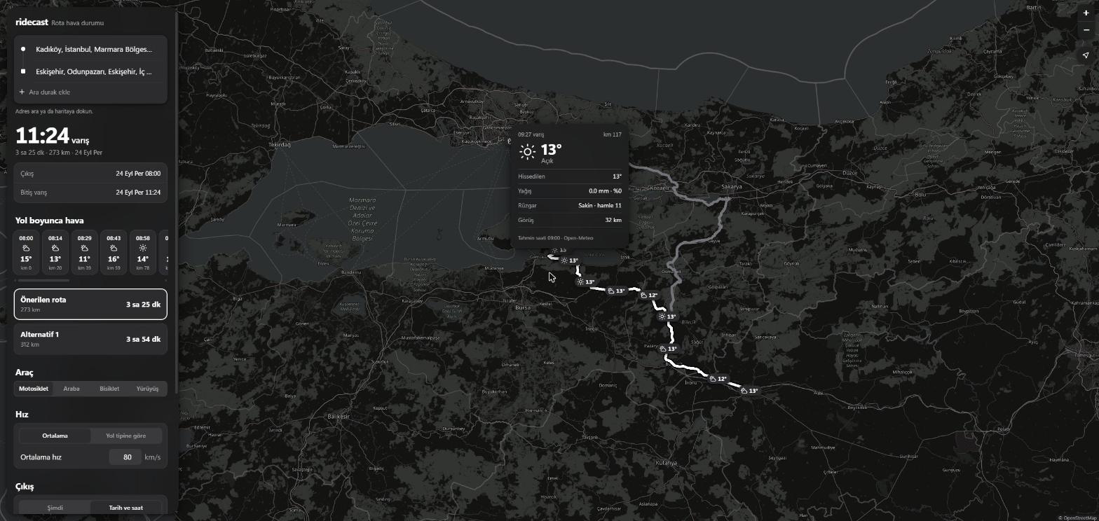 ridecast at night: a dark map of the Marmara region with a white route from Istanbul to Eskişehir, weather capsules with temperatures along it, an open forecast card for km 117 showing 13 degrees and clear, and the panel on the left with an arrival time of 11:24 and an hourly weather strip.