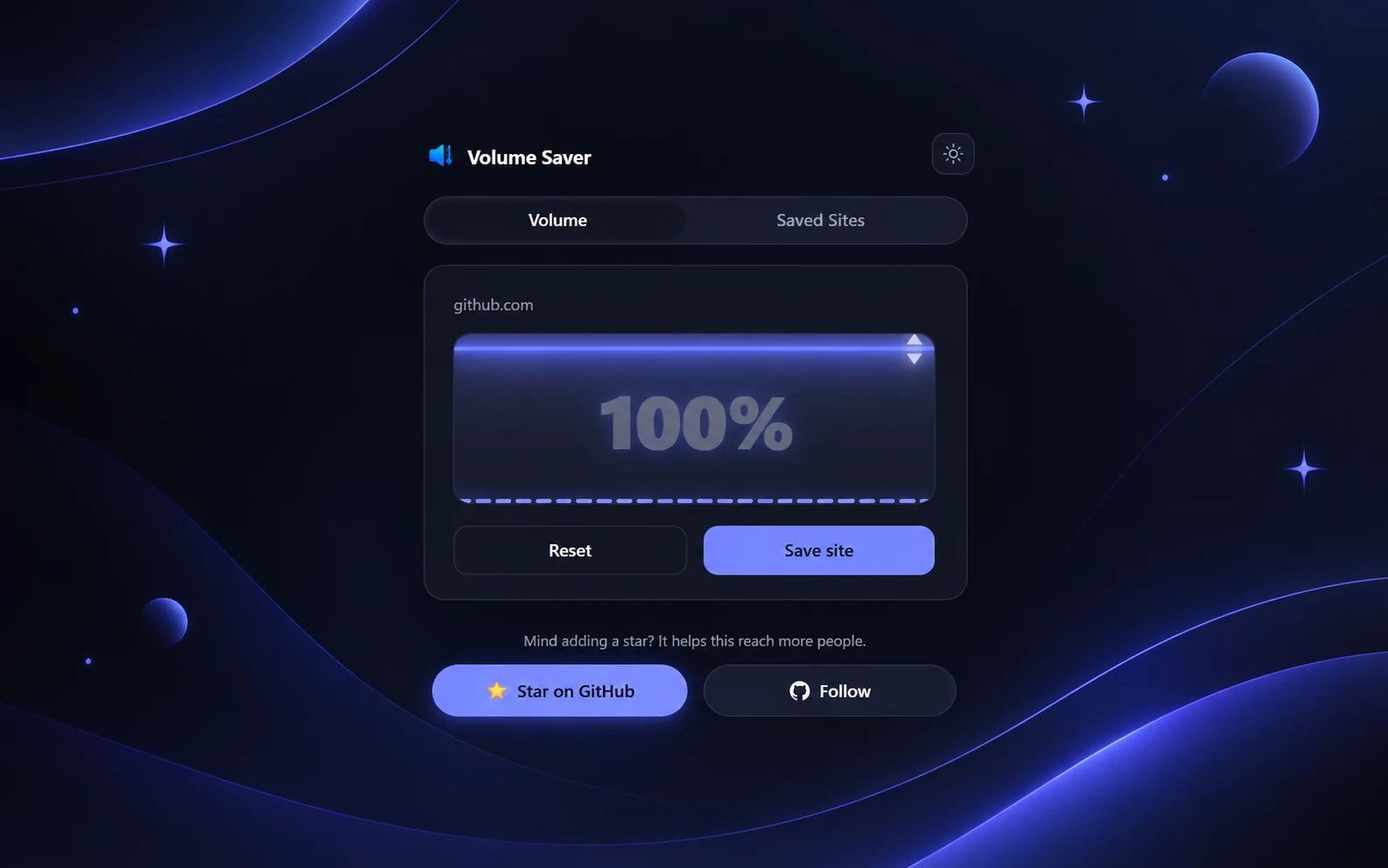 The Volume Saver popup on github.com: a glowing fader over a volume readout at 100%, Reset and Save site buttons, and Volume and Saved Sites tabs, on a dark blue background.